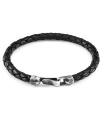 Mens Jewellery Bracelets Anchor and Crew Midnight Black Hayling Silver & Braided Leather Bracelet for Men 