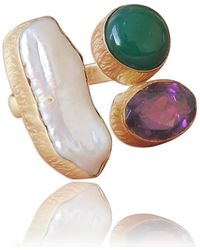 Bhagat Jewels 18k Matte Gold Vermeil Biwa Pearl Amethyst And Green Onyx Gemstone R - Yellow