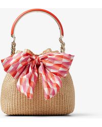 Jimmy Choo - T/pap/candy Pink Bon Bon Small Bow-embellished Raffia Bucket Bag - Lyst