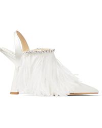 Jimmy Choo Ambre 100 Ivory Satin Slingback Heels With Ostrich Feather And Crystal Trim Ivory/crystal 34.5 - White