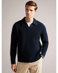 Ted Baker - Ademy Long Sleeve Open Neck Rib Polo Shirt - Lyst