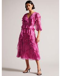 Ted Baker - Victoir Abstract Print Ruffle Detail Midi Dress - Lyst