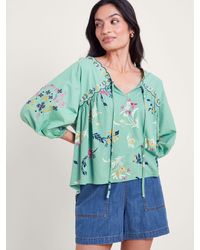 Monsoon - Maya Floral Embroidery Linen Blend Top - Lyst