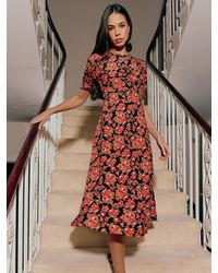 Ro&zo - Red Rose Print Ruched Front Midi Dress - Lyst