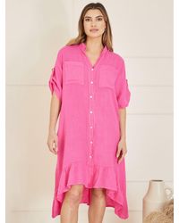 Yumi' - Italian Linen Frill Detail Midi Shirt Dress - Lyst