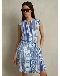 Reiss - Florence - Blue Tile Print Belted Mini Dress - Lyst