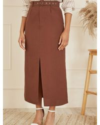 Yumi' - Tailored Front Split Belted Midi Skirt - Lyst