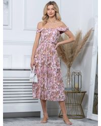 Jolie Moi - Kiara Floral Print Bardot Mesh Midi Dress - Lyst