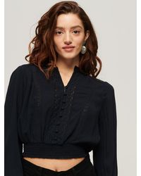 Superdry - Long Sleeve Lace Trim Smocked Blouse - Lyst