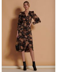 Jolie Moi - Sketch Floral Print Satin Bodycon Wrap Dress - Lyst