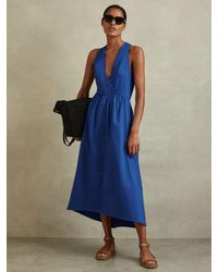 Reiss - Yana - Cobalt Blue Petite Cotton Blend High-low Midi Dress - Lyst