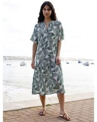 Yumi' - Organic Cotton Leaf Print Tiered Tunic Midi Dress - Lyst