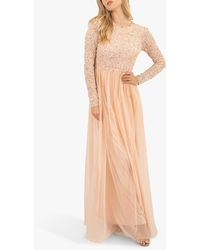 LACE & BEADS - Belle Embellished Long Sleeve Mesh Maxi Dress - Lyst