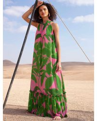 Ro&zo - Leaf Print Halter Neck Maxi Dress - Lyst