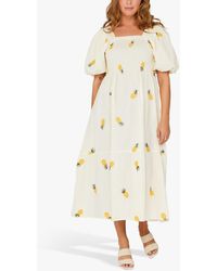 A-View - Cheri Pineapple Print Puff Sleeve Midi Cotton Dress - Lyst
