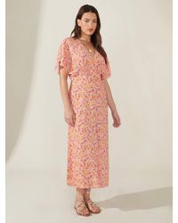 Ro&zo - Floral Shirred Waist Angel Sleeve Midi Dress - Lyst