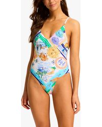 Seafolly - Wish Seaside Print V-neck Swimsuit - Lyst