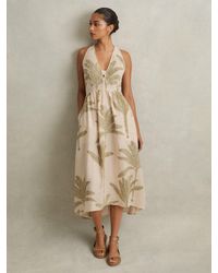 Reiss - Anna Palm Print Linen Midi Dress - Lyst