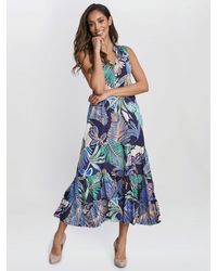 Gina Bacconi - Lolita Leaf Print Sleeveless Midi Dress - Lyst