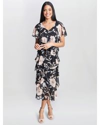 Gina Bacconi - Frances Printed Midi Tiered Dress With Trim - Lyst