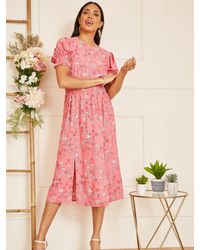 Yumi' - Mela London Floral Print Ruched Waist Midi Dress - Lyst
