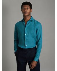 Reiss - Ruban - Teal Blue Linen Button-through Shirt - Lyst