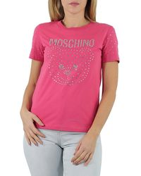Moschino - Fantasy Print Fucsia Teddy Crystal Logo Cotton T-shirt - Lyst