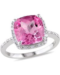 Amour - 1/10 Ct Tw Diamond And 5 3/4 Ct Tgw Cushion Cut Created Sapphire Halo Ring - Lyst