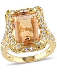 Amour - 7 3/5 Ct Tgw Emerald Cut Citrine, Topaz And Diamond Halo Leaf Split Shank Ring Sterling - Lyst