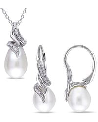 Amour - 2 Piece Set Of 9-9.5 Mm Cultured Freshwater Pearl And 1/10 Ct Tw Diamond Twist Leverback Earrings And Pendant With Chain - Lyst
