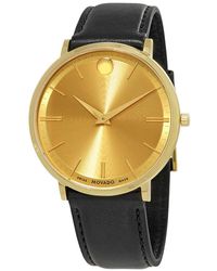 Movado Leather Ultra Slim White Dial Mens Watch In Blue Gold Tone