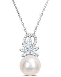 Amour - 11-12Mm Cultured Freshwater Pearl And 5/8 Ct Tgw Aquamarine And Diamond Accent Flower Pendant With Chain - Lyst