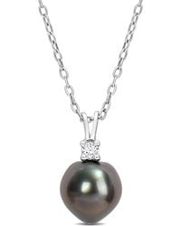 Amour - 8-9Mm Tahitian Cultured Pearl And 1/10 Ct Tgw Topaz Pendant With Chain - Lyst