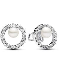 PANDORA - Treated Freshwater Cultured Pearl & Pave Halo Stud Earrings - Lyst