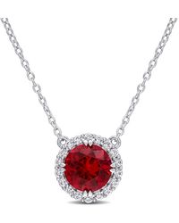 Amour - 2 3/4 Ct Tgw Created Ruby Created Sapphire Circular Halo Pendant With Chain - Lyst