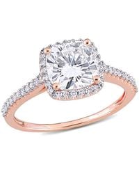 Amour - 2 Ct Dew Created Moissanite Cushion And 1/4 Ct Tw Diamond Halo Engagement Ring - Lyst