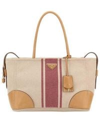 Prada - Sand Canvas Large Shopping Bag Naturale+Rosso Borse A Mano - Lyst