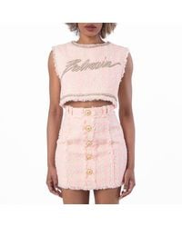 Balmain - Embellished Logo Tweed Crop Top, Brand Size 36 Us - Lyst
