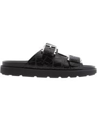 Ferragamo - Croc-Embossed Double Strap Leather Sandals - Lyst