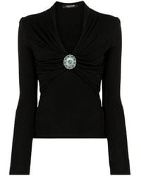 Roberto Cavalli - Embellished Gathered V-Neck Blouse, Brand Size 44 Us - Lyst