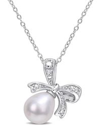 Amour - 8.5-9Mm Freshwater Cultured Pearl And Diamond Accent Bow Pendant With Chain - Lyst