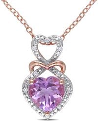 Amour - Diamond And Rose De France Triple Heart Halo Pendant With Chain - Lyst