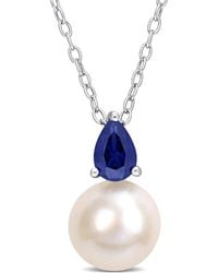 Amour - 8.5-9Mm Freshwater Cultured Pearl And 5/8 Ct Tgw Created Sapphire Solitaire Pendant With Chain - Lyst
