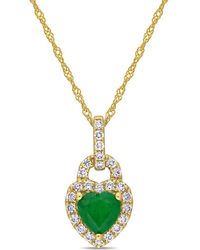Amour - 5/8 Ct Tgw Emerald And 1/4 Ct Tw Diamond Halo Heart Pendant With Chain - Lyst