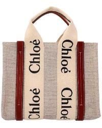 Chloé - Mini Woody Linen Logo Tote Bag - Lyst