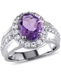 Amour - 3 3/8 Ct Tgw Oval Cut Amethyst And Created Sapphire Halo Ring - Lyst