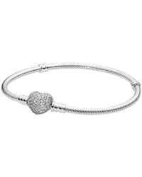 PANDORA - Moments Sparkling Heart Clasp Snake Chain Bracelet - Lyst