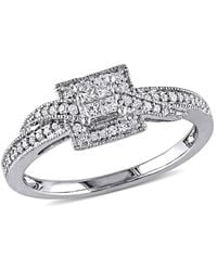 Amour - 1/4 Ct Tw Princess Cut Quad And Round Diamond Halo Crossover Engagement Ring - Lyst
