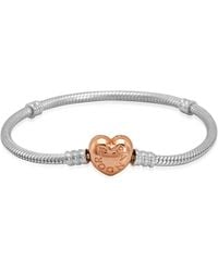 PANDORA - Sterling And 14K Rose-Plated Moments Heart Clasp Snake Chain Bracelet, Size 18 - Lyst