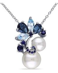 Amour - Cultured Freshwater Pearl, London And Sky- Topaz, And Sapphire Pendant With Chain - Lyst